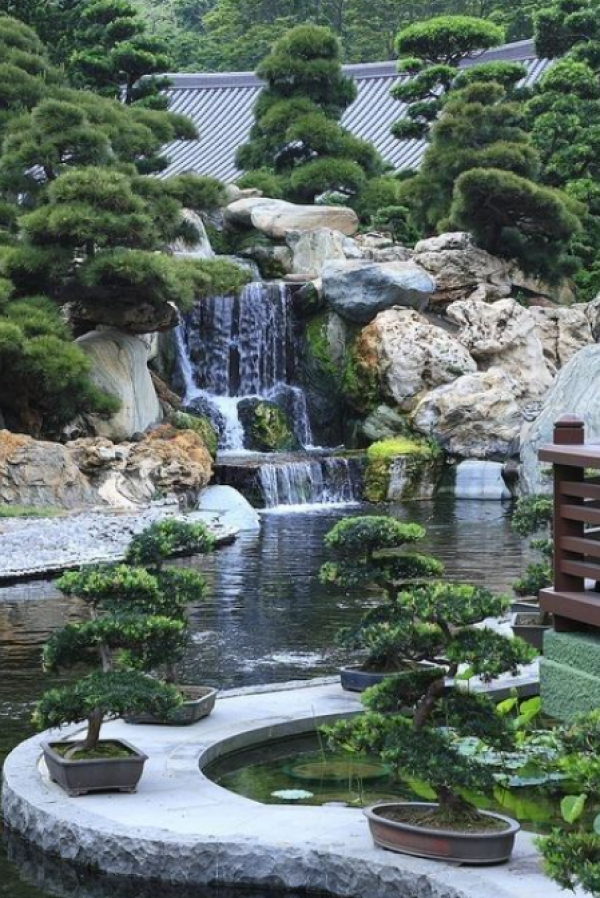 Teras dengan taman batu dan air terjun mini